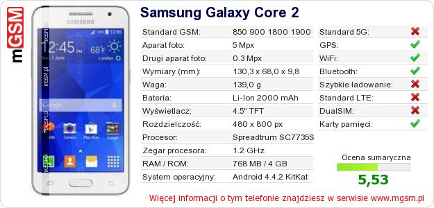 Dane telefonu Samsung Galaxy Core 2 Dane telefonu Samsung Galaxy Core 2