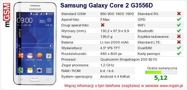 Dane telefonu Samsung Galaxy Core 2 G3556D Dane telefonu Samsung Galaxy Core 2 G3556D
