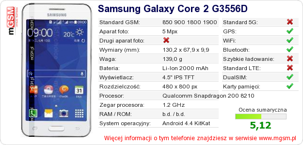 Dane telefonu Samsung Galaxy Core 2 G3556D