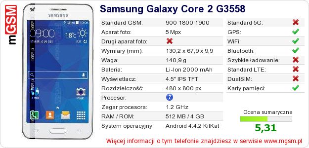 Dane telefonu Samsung Galaxy Core 2 G3558