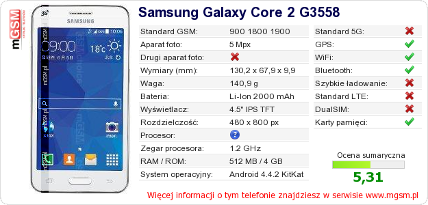Dane telefonu Samsung Galaxy Core 2 G3558 Dane telefonu Samsung Galaxy Core 2 G3558