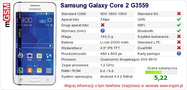 Dane telefonu Samsung Galaxy Core 2 G3559