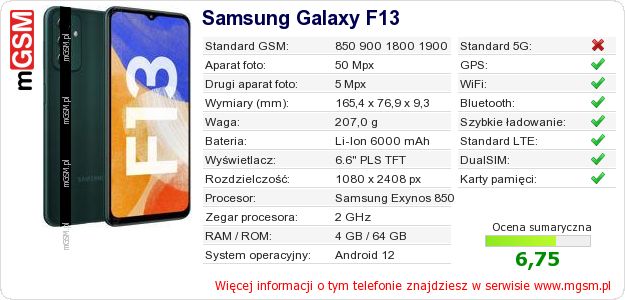 Dane telefonu Samsung Galaxy F13 Dane telefonu Samsung Galaxy F13