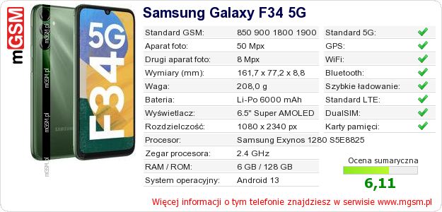 Dane telefonu Samsung Galaxy F34 5G Dane telefonu Samsung Galaxy F34 5G