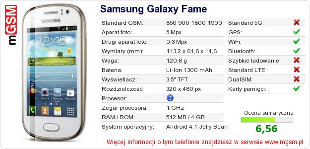 Dane telefonu Samsung Galaxy Fame Dane telefonu Samsung Galaxy Fame