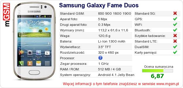 Dane telefonu Samsung Galaxy Fame Duos Dane telefonu Samsung Galaxy Fame Duos