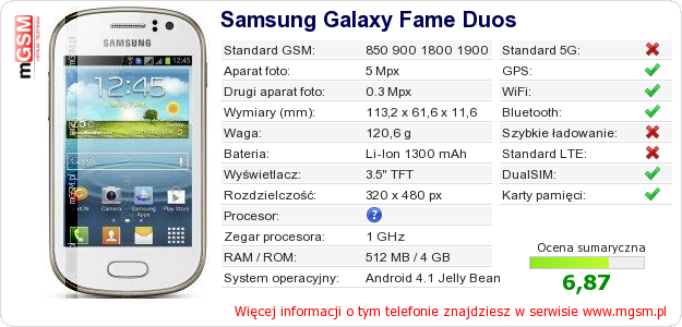 Dane telefonu Samsung Galaxy Fame Duos