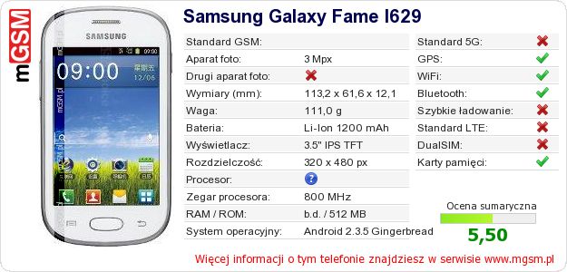 Dane telefonu Samsung Galaxy Fame I629