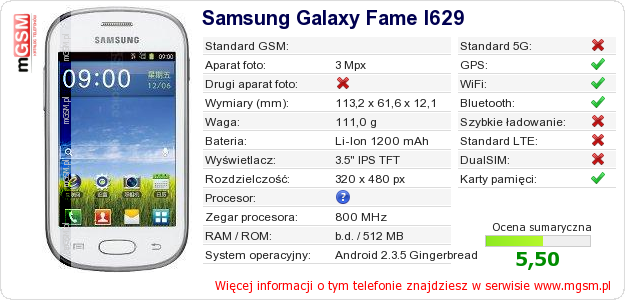 Dane telefonu Samsung Galaxy Fame I629