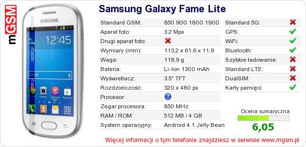 Dane telefonu Samsung Galaxy Fame Lite