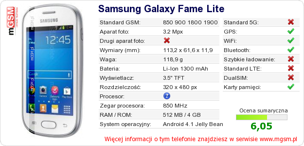 Dane telefonu Samsung Galaxy Fame Lite Dane telefonu Samsung Galaxy Fame Lite