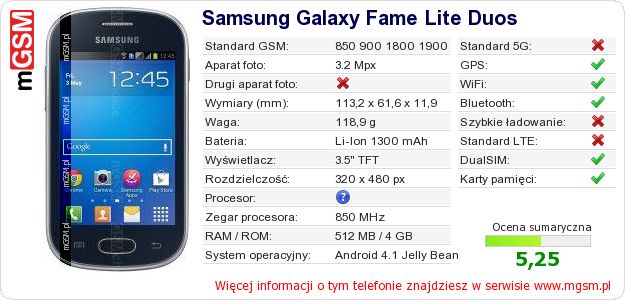 Dane telefonu Samsung Galaxy Fame Lite Duos