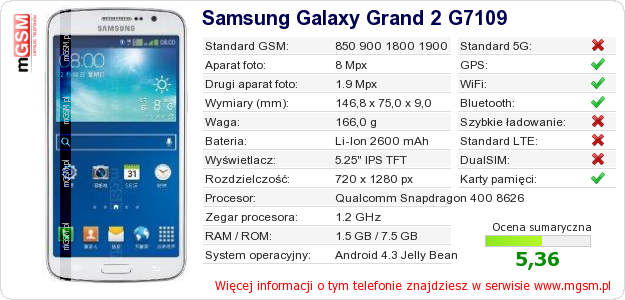 Dane telefonu Samsung Galaxy Grand 2 G7109 Dane telefonu Samsung Galaxy Grand 2 G7109