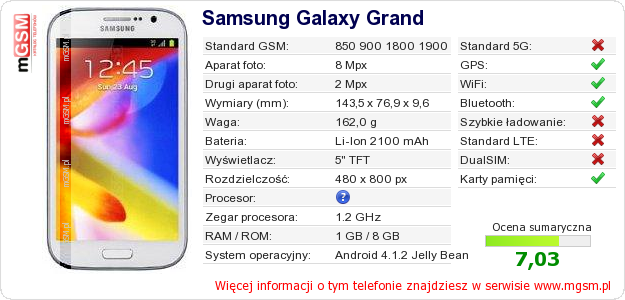 Dane telefonu Samsung Galaxy Grand