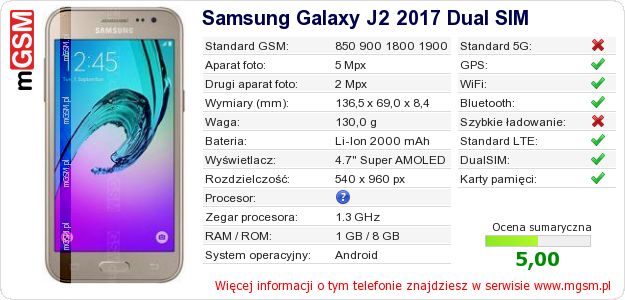 Dane telefonu Samsung Galaxy J2 2017 Dual SIM Dane telefonu Samsung Galaxy J2 2017 Dual SIM