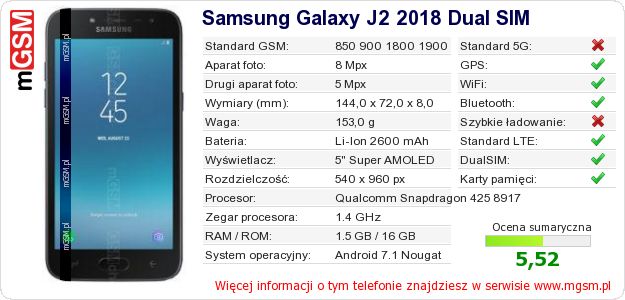 Dane telefonu Samsung Galaxy J2 2018 Dual SIM Dane telefonu Samsung Galaxy J2 2018 Dual SIM