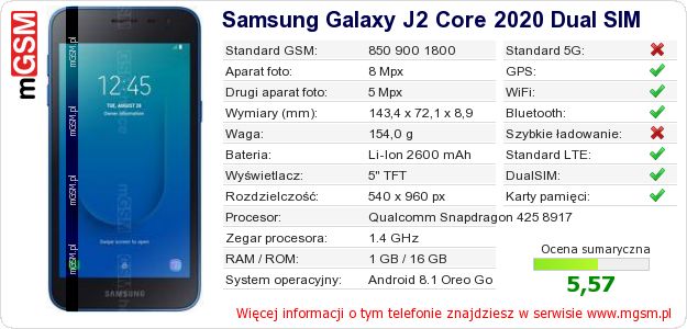Dane telefonu Samsung Galaxy J2 Core 2020 Dual SIM Dane telefonu Samsung Galaxy J2 Core 2020 Dual SIM