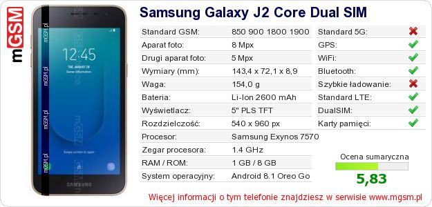 Dane telefonu Samsung Galaxy J2 Core Dual SIM Dane telefonu Samsung Galaxy J2 Core Dual SIM