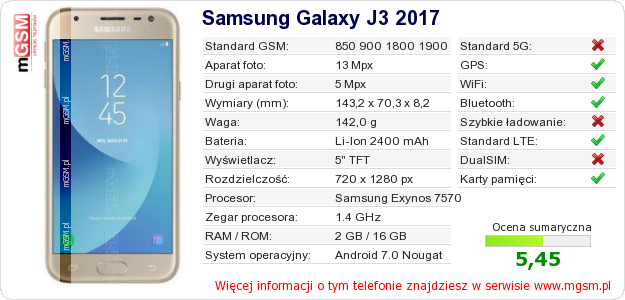 Dane telefonu Samsung Galaxy J3 2017