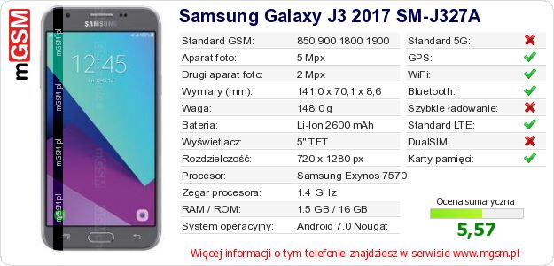 Dane telefonu Samsung Galaxy J3 2017 SM-J327A