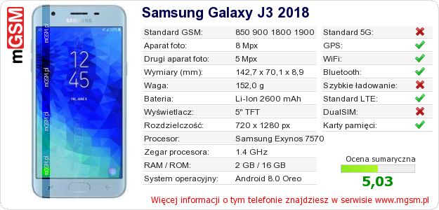 Dane telefonu Samsung Galaxy J3 2018