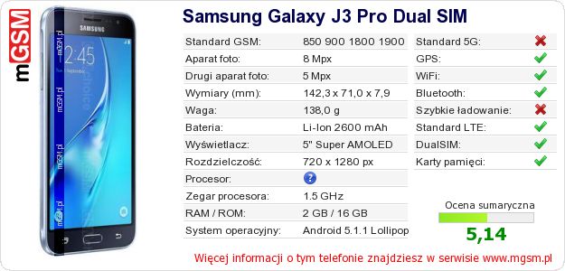 Dane telefonu Samsung Galaxy J3 Pro Dual SIM