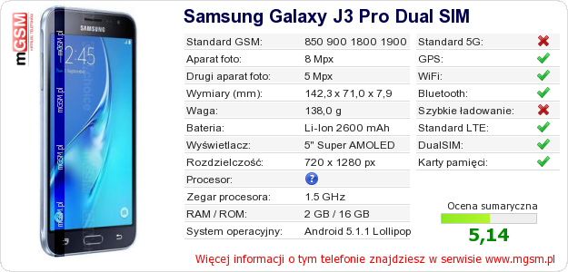 Dane telefonu Samsung Galaxy J3 Pro Dual SIM