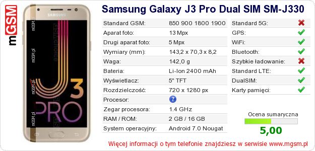 Dane telefonu Samsung Galaxy J3 Pro Dual SIM SM-J330