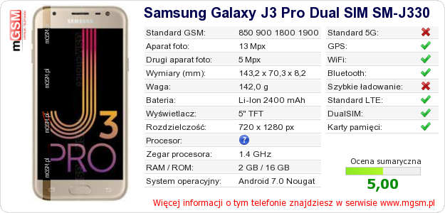 Dane telefonu Samsung Galaxy J3 Pro Dual SIM SM-J330