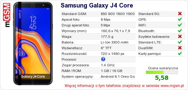 Dane telefonu Samsung Galaxy J4 Core Dane telefonu Samsung Galaxy J4 Core