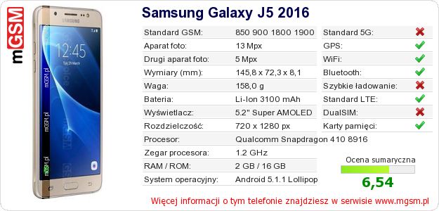 Dane telefonu Samsung Galaxy J5 2016 Dane telefonu Samsung Galaxy J5 2016