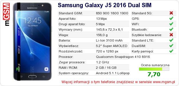 Dane telefonu Samsung Galaxy J5 2016 Dual SIM