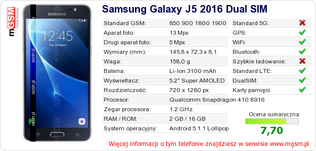 Dane telefonu Samsung Galaxy J5 2016 Dual SIM Dane telefonu Samsung Galaxy J5 2016 Dual SIM