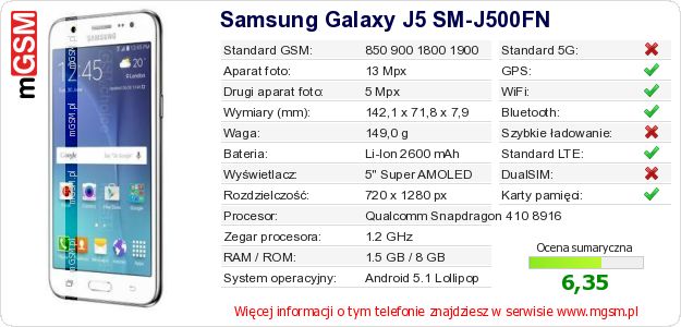 Dane telefonu Samsung Galaxy J5 SM-J500FN