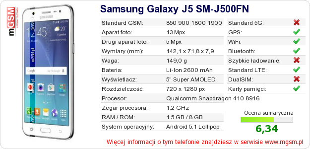 Dane telefonu Samsung Galaxy J5 SM-J500FN
