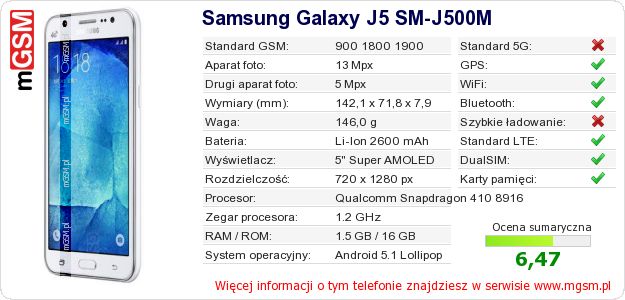 Dane telefonu Samsung Galaxy J5 SM-J500M Dane telefonu Samsung Galaxy J5 SM-J500M