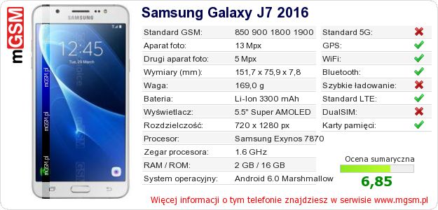 Dane telefonu Samsung Galaxy J7 2016 Dane telefonu Samsung Galaxy J7 2016