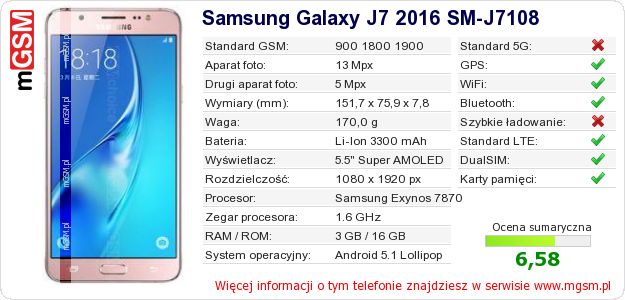Dane telefonu Samsung Galaxy J7 2016 SM-J7108
