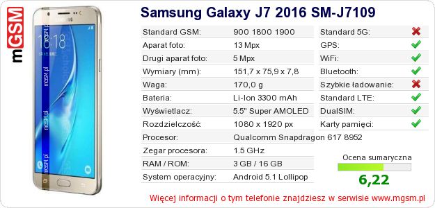 Dane telefonu Samsung Galaxy J7 2016 SM-J7109