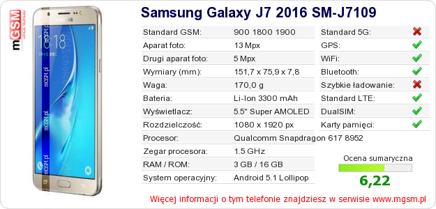 Dane telefonu Samsung Galaxy J7 2016 SM-J7109