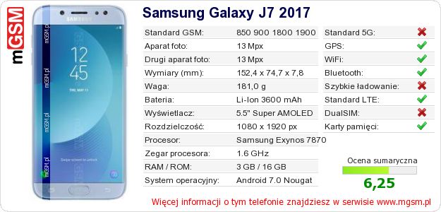 Dane telefonu Samsung Galaxy J7 2017