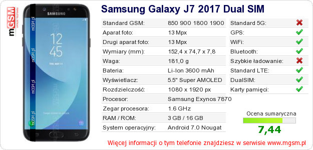 Dane telefonu Samsung Galaxy J7 2017 Dual SIM