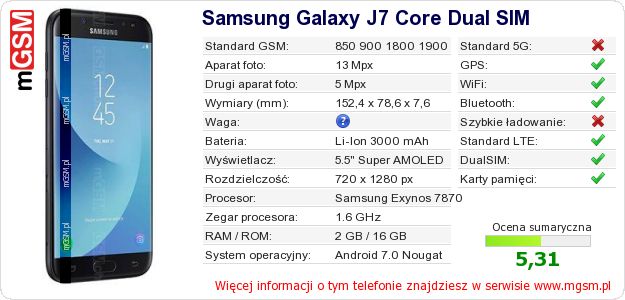 Dane telefonu Samsung Galaxy J7 Core Dual SIM Dane telefonu Samsung Galaxy J7 Core Dual SIM
