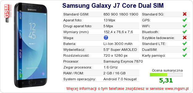 Dane telefonu Samsung Galaxy J7 Core Dual SIM