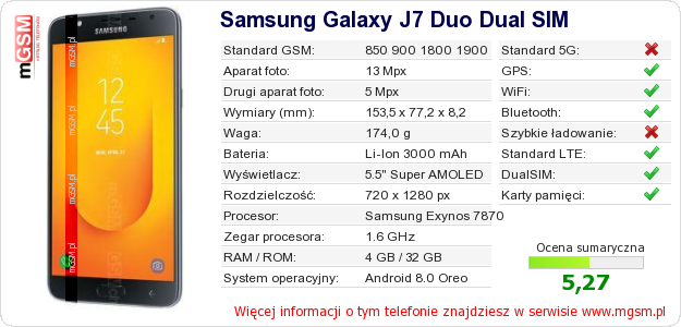 Dane telefonu Samsung Galaxy J7 Duo Dual SIM Dane telefonu Samsung Galaxy J7 Duo Dual SIM