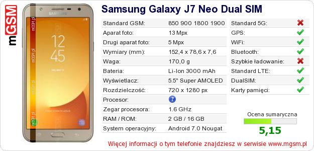 Dane telefonu Samsung Galaxy J7 Neo Dual SIM Dane telefonu Samsung Galaxy J7 Neo Dual SIM