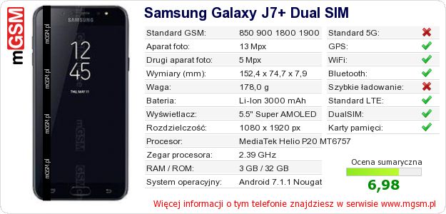 Dane telefonu Samsung Galaxy J7+ Dual SIM Dane telefonu Samsung Galaxy J7+ Dual SIM