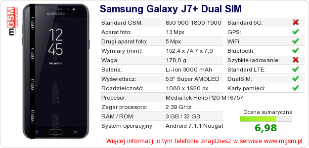 Dane telefonu Samsung Galaxy J7+ Dual SIM Dane telefonu Samsung Galaxy J7+ Dual SIM