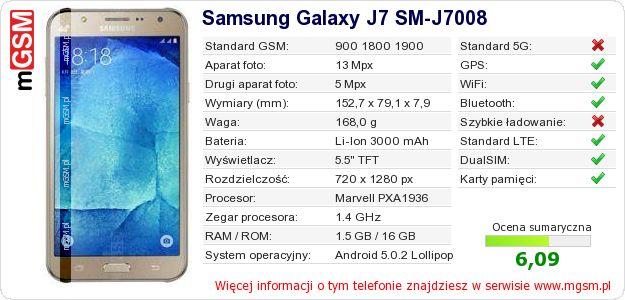 Dane telefonu Samsung Galaxy J7 SM-J7008 Dane telefonu Samsung Galaxy J7 SM-J7008