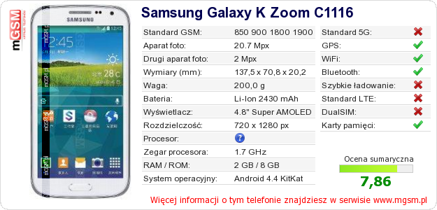 Dane telefonu Samsung Galaxy K Zoom C1116